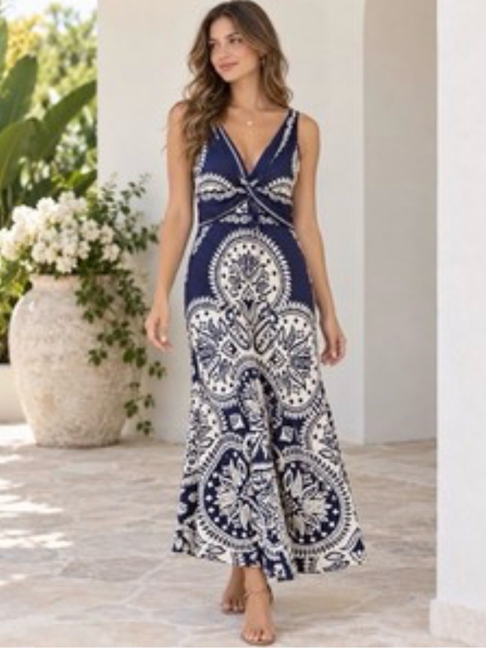 NEW Caroline Constas Ornate Paisley Navy Cream Twisted V-Neck Bandana Inspired S